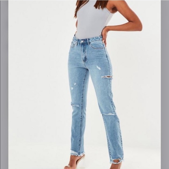 Missguided Light Blue Distressed High Waisted Straight Thigh Slash Jeans NWT 4L - Picture 2 of 16